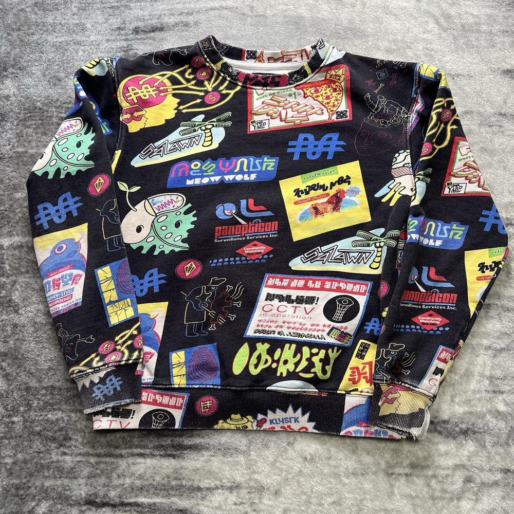 Meow Wolf Multicolor Graphic Print Fleece Crew Neck Sweatshirt Men's SZ XS AOP